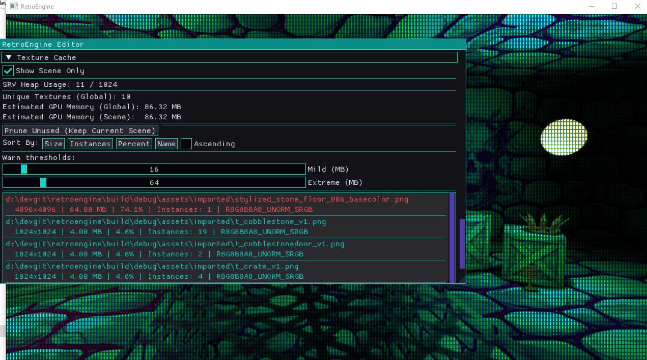 Texture cache debug panel inside the RetroEngine editor